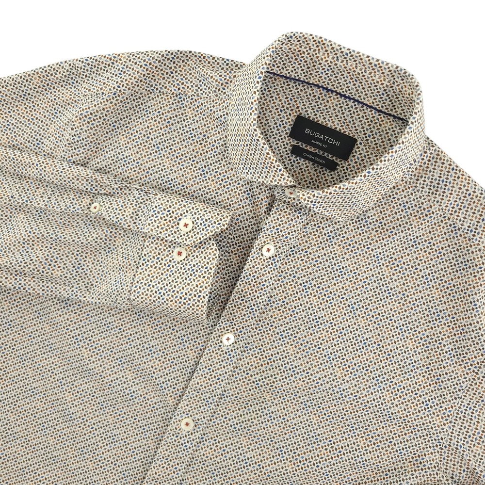 Bugatchi Shirt Mens L White Geometric Long Sleeve Button Up Slim Fit Stretch